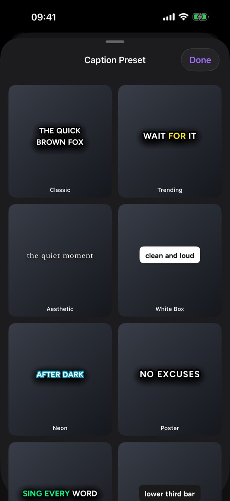 ByeCut caption style picker with Classic, Trending, White Box and Poster presets