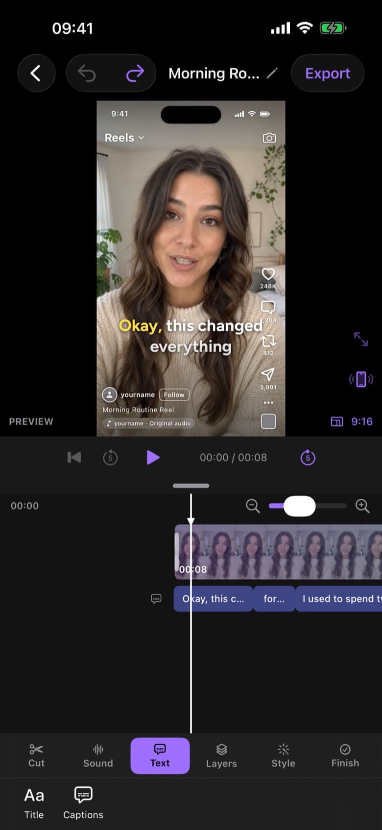 ByeCut editor on iPhone showing a talking-head video with word-by-word captions and the timeline