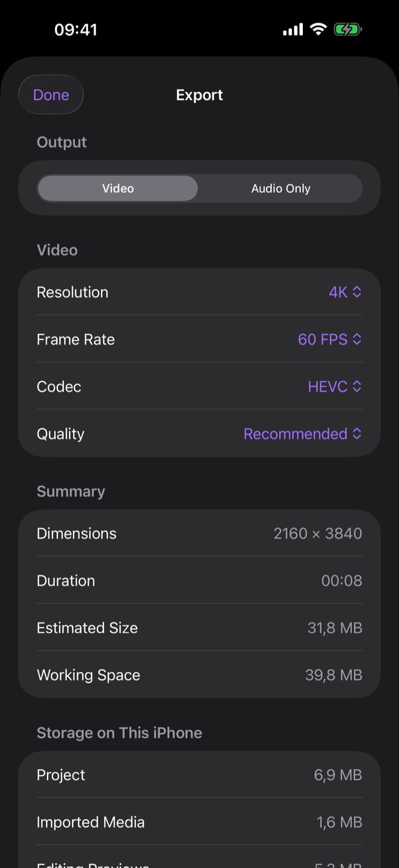 ByeCut export settings with 4K resolution, 60 fps and HEVC codec